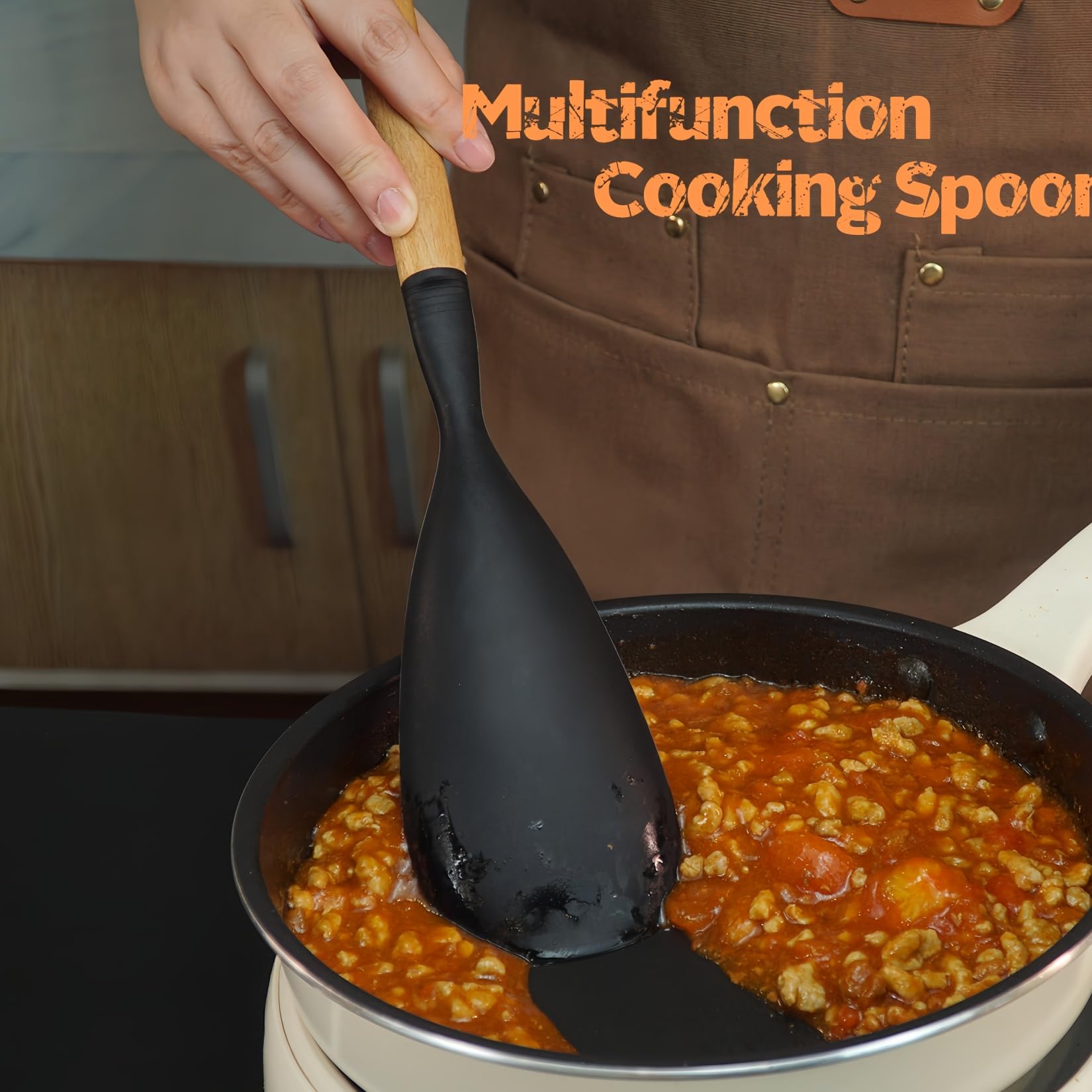 Silikon-Kochlöffel und Pastagabel-Set, 2 Stück, große Spatel, Löffel-Set mit Holzgriff, Antihaft-Multifunktionslöffel zum Kochen, Servieren, Mischen und Spaghetti (schwarz)