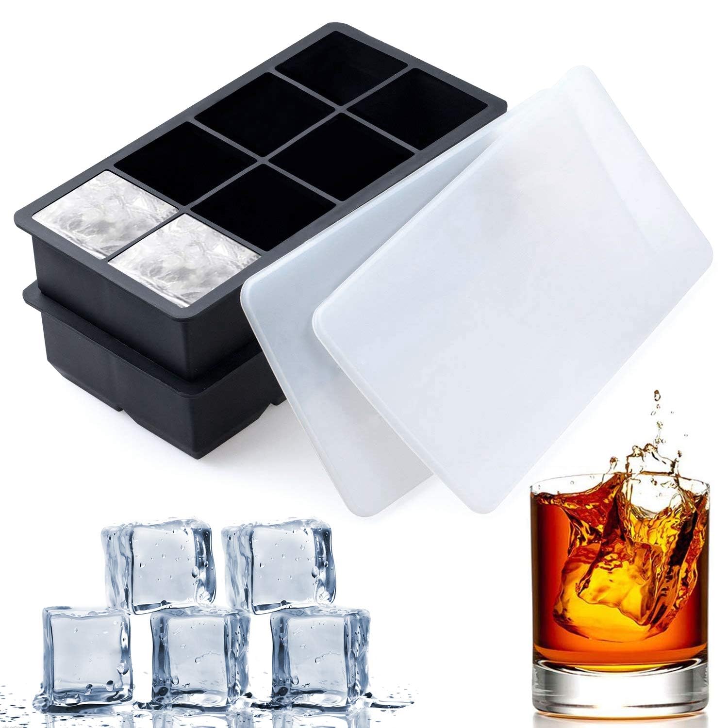 Large Square Ice Cube Trays 2 Pack Silicone Tray Set with BPA Free Plastic Lids for 8 Square Cubes Flexible Stackable Easy Release Freezer Molds for Whiskey, Cocktails, and Mixed Drinks