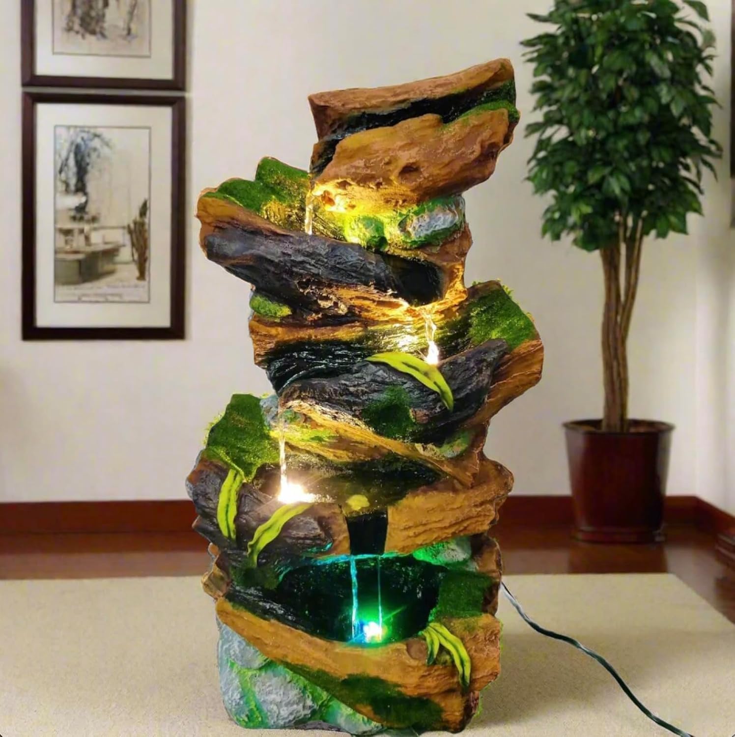 ALILA Resin Nature Water Fall Fountain for Home Office Hotel Living Room Decor with Led Lights Decoration Garden Balcony Decorative Indoor Outdoor, 23 Inches / 58Cm-image-4