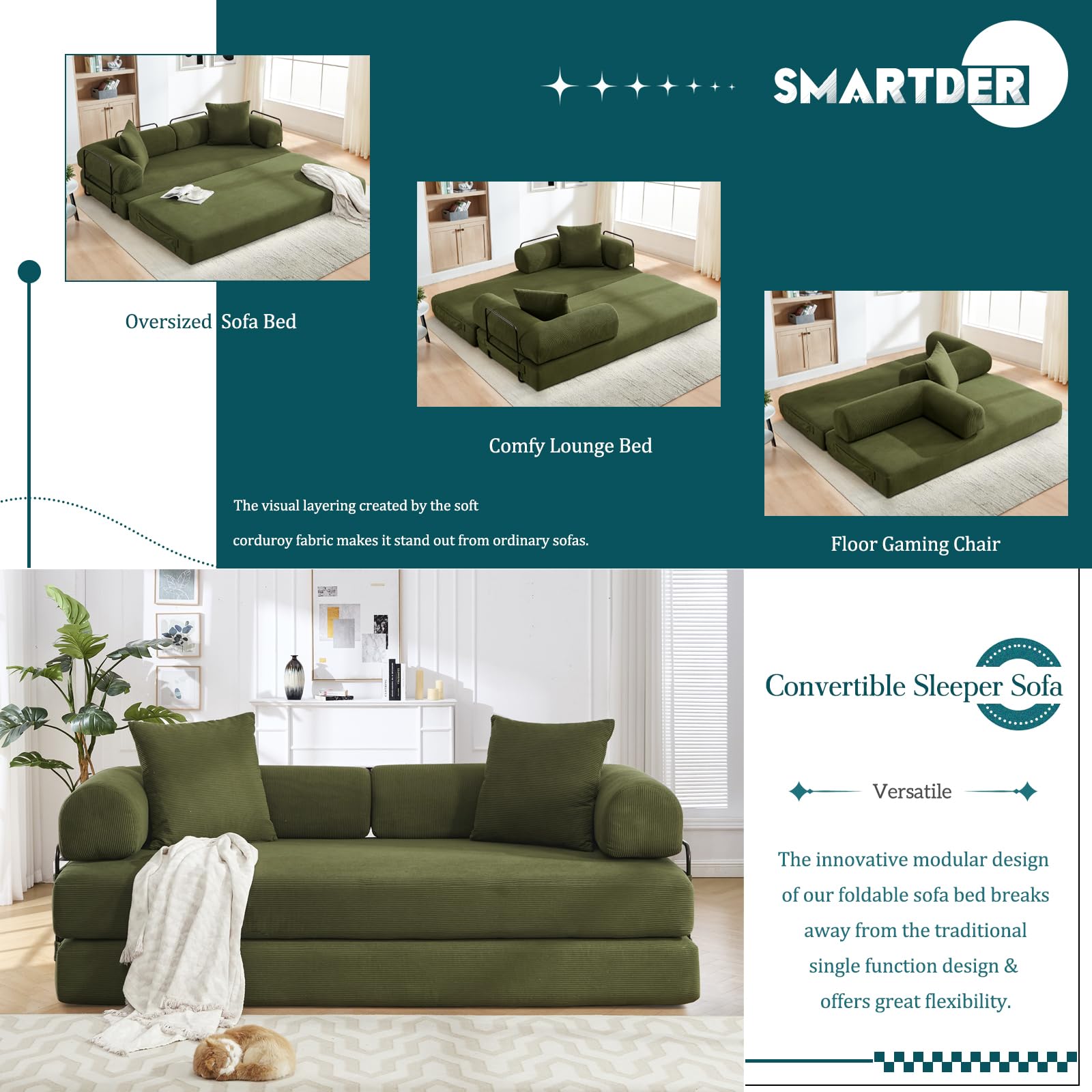Convertible Folding Sofa Bed, Modular Floor Sofa with Removable Backrest, 3-Seater Fold Out Couch Bed with Pillows, King Size Futon Lazy Couch Corduroy Sleeper for Living Room, Dorm, Green