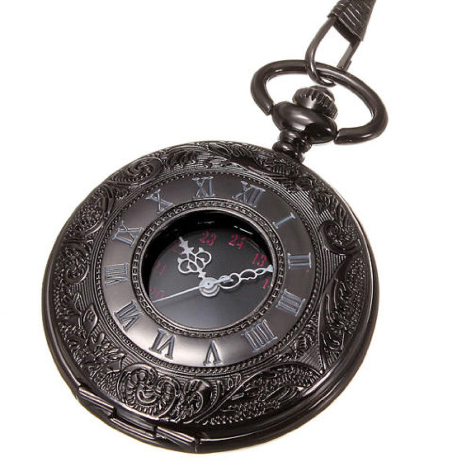 Czarny, unisex, modny zegarek kieszonkowy steampunk z rzymskimi cyframi, damski naszyjnik wisiorkiem i łańcuszkiem, prezent