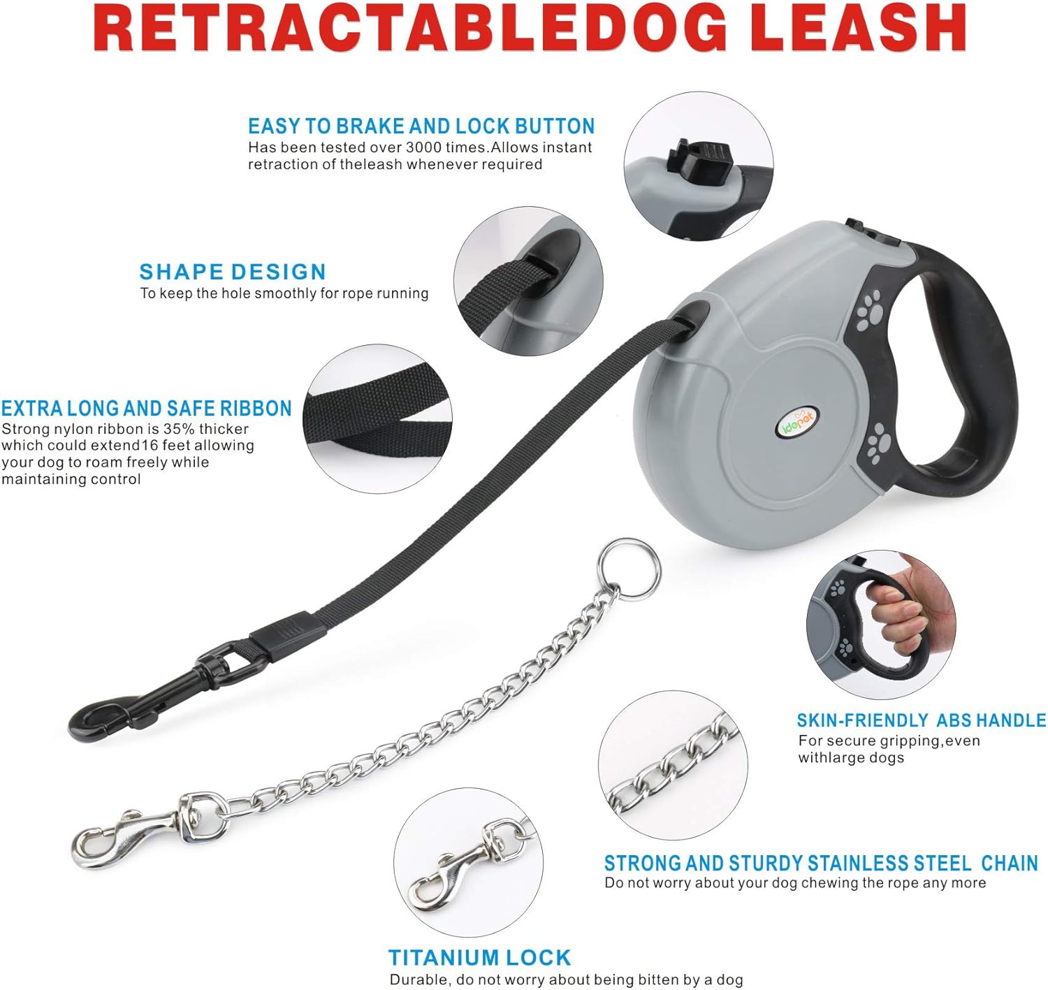 Idepet Heavy Duty Retractable Dog Leash for Small and Medium Dogs, Anti-Chewing Steel Chain 360 Degree Tangle-Free,Break and Lock System,16ft Leash for Dog Walking (Flat Rope)