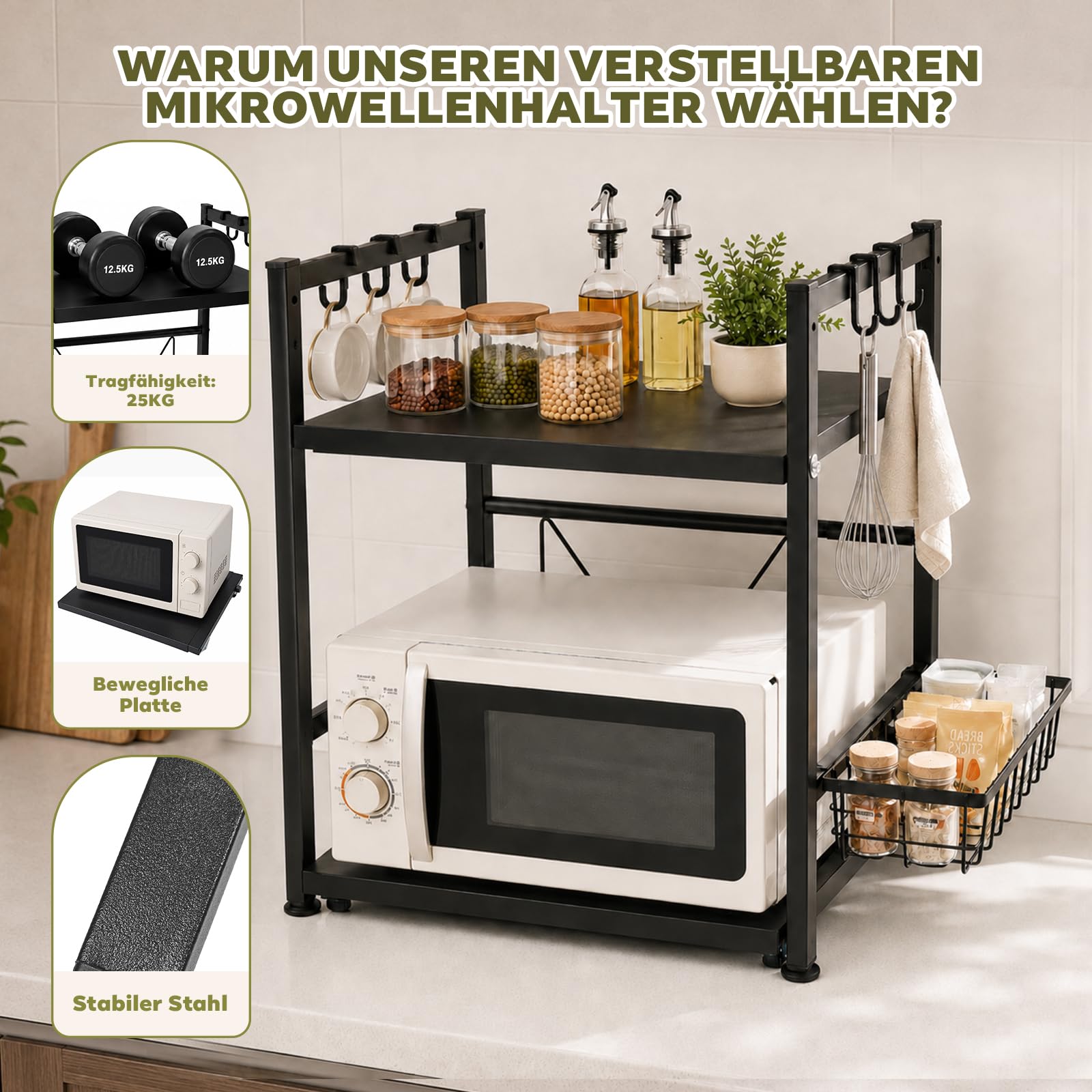 Verstellbarer Mikrowellenständer mit Ausziehablage, Korb & Haken