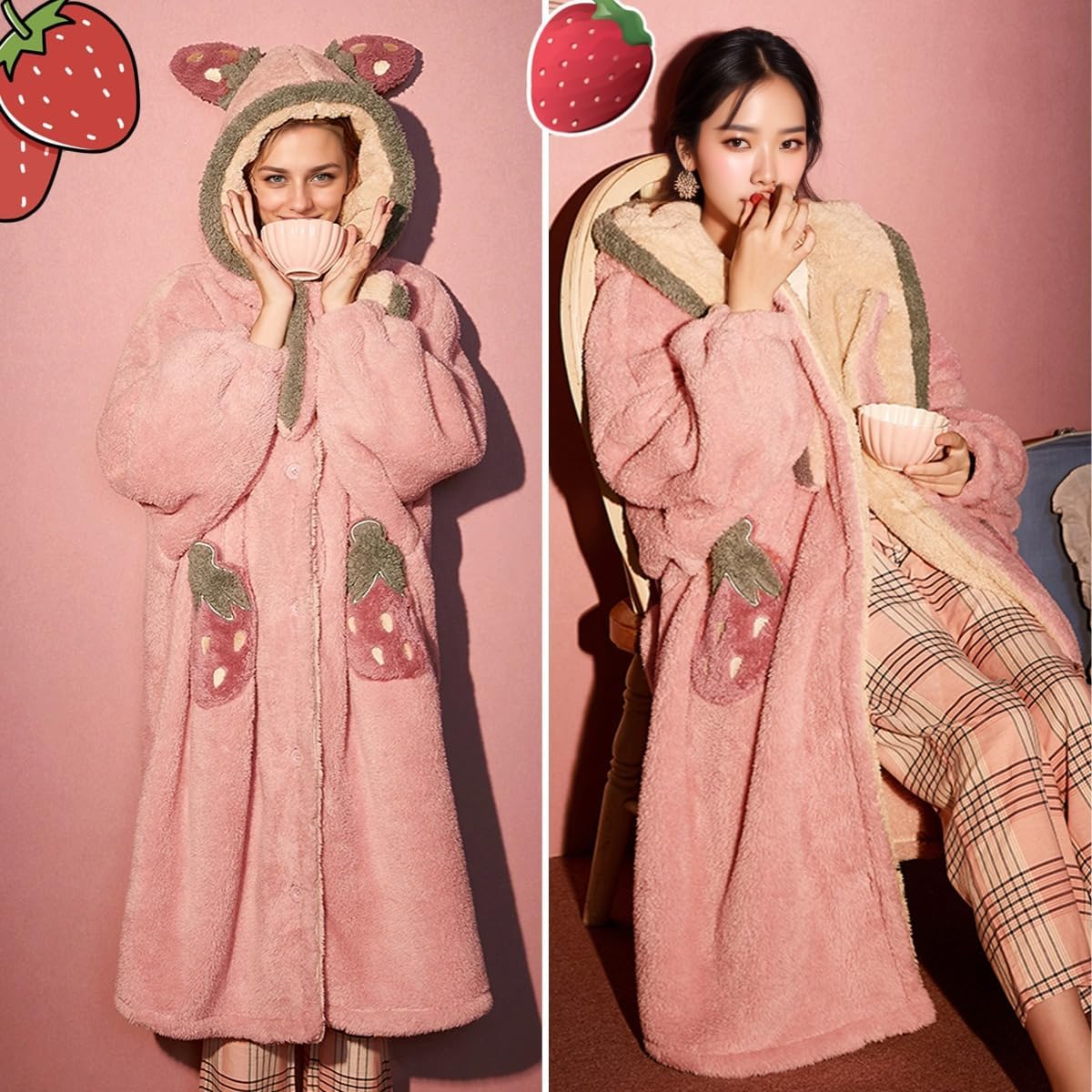 Hooded Pink Fuzzy Pajamas Robe for Women,Coral Fleece Strawberry Loungewear,Cozy Sleep Gown Winter Christmas