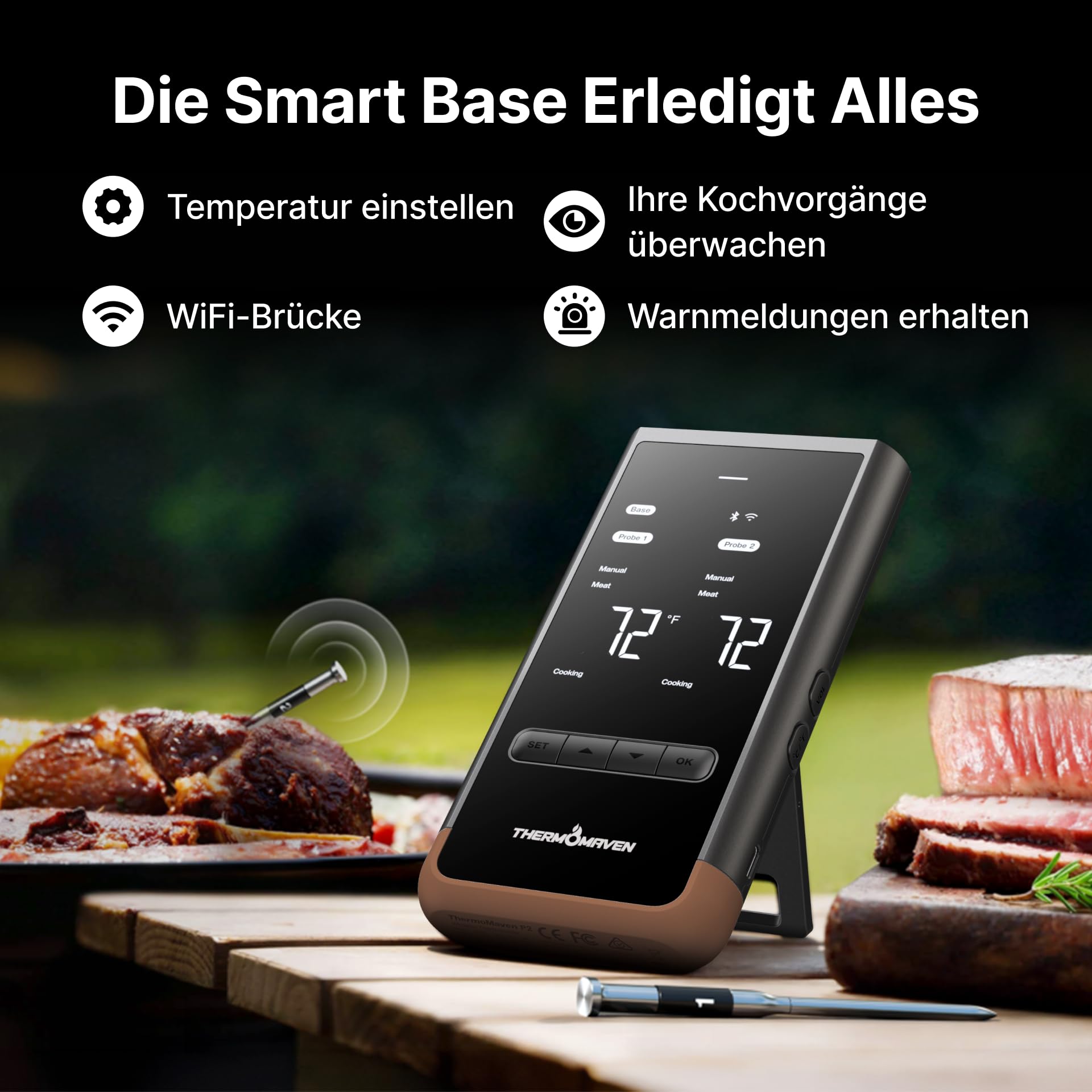 ThermoMaven Smartes Fleischthermometer Kabellose mit Basisstation, Bluetooth & WLAN, 2 Fühler, 6 Sensoren, NIST-zertifiziert, große, stabile WLAN-Reichweite, für Smoker, Backofen & BBQ, Braun
