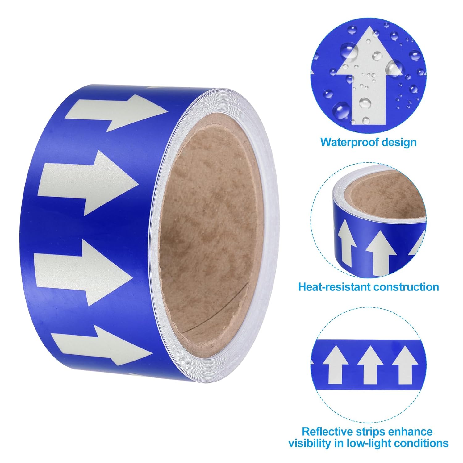 PATIKIL Flow Arrow Tape, 2 Roll Polyethylene Pipe Marking Sticker with Reflective Strip, Waterproof Heat Resistant, for Pipe Flow Directional Identification, 2 Inch x 66 Ft, Blue/White