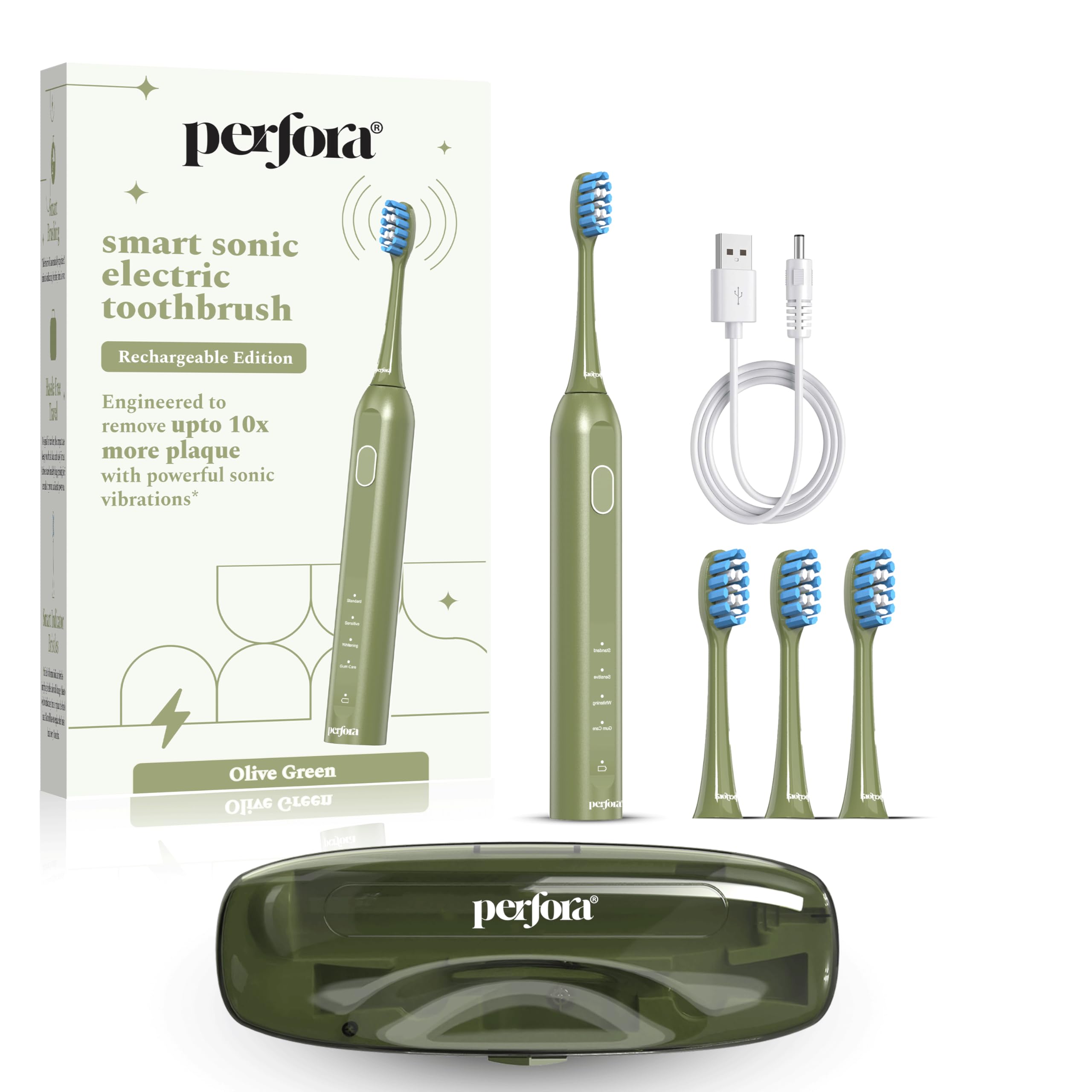 Perfora Rechargeable Smart Sonic Electric Toothbrush For Adults|With 4 Modes & 60 Day Battery Life|Ipx7 Waterproof Sonic Tooth Brush With 4 Brush Heads & Travel Case|2 Year Warranty,Olive Green-image-36