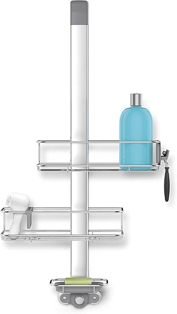 simplehuman BT1101 Over Door Shower Caddy, Hanging Bathroom Shelf Storage Organiser, Suction Cups, No Drilling, Rustproof, Adjustable Shelves, Moveable Divider, Easy Bottle Dispensing, Storage Hooks