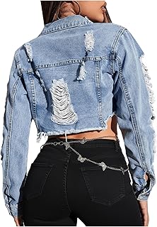 Women's Ripped Raw Hem Cropped Denim Jacket Long Sleeve Distressed Fraye...
