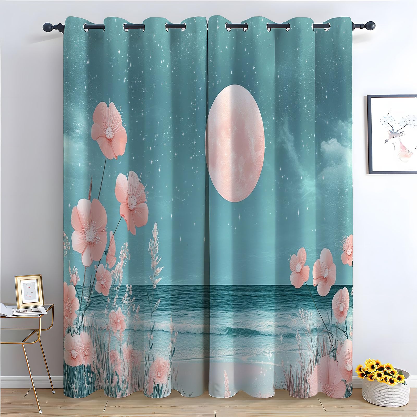 WIKEO Floral Blackout Curtains Beach Scenery At Night for Living Room Bedroom Eyelet Curtain,Botanical Thermal Insulated Noise Reducing Drapes Sets 2 Panels-52 W x 96" L (Pack of 2)