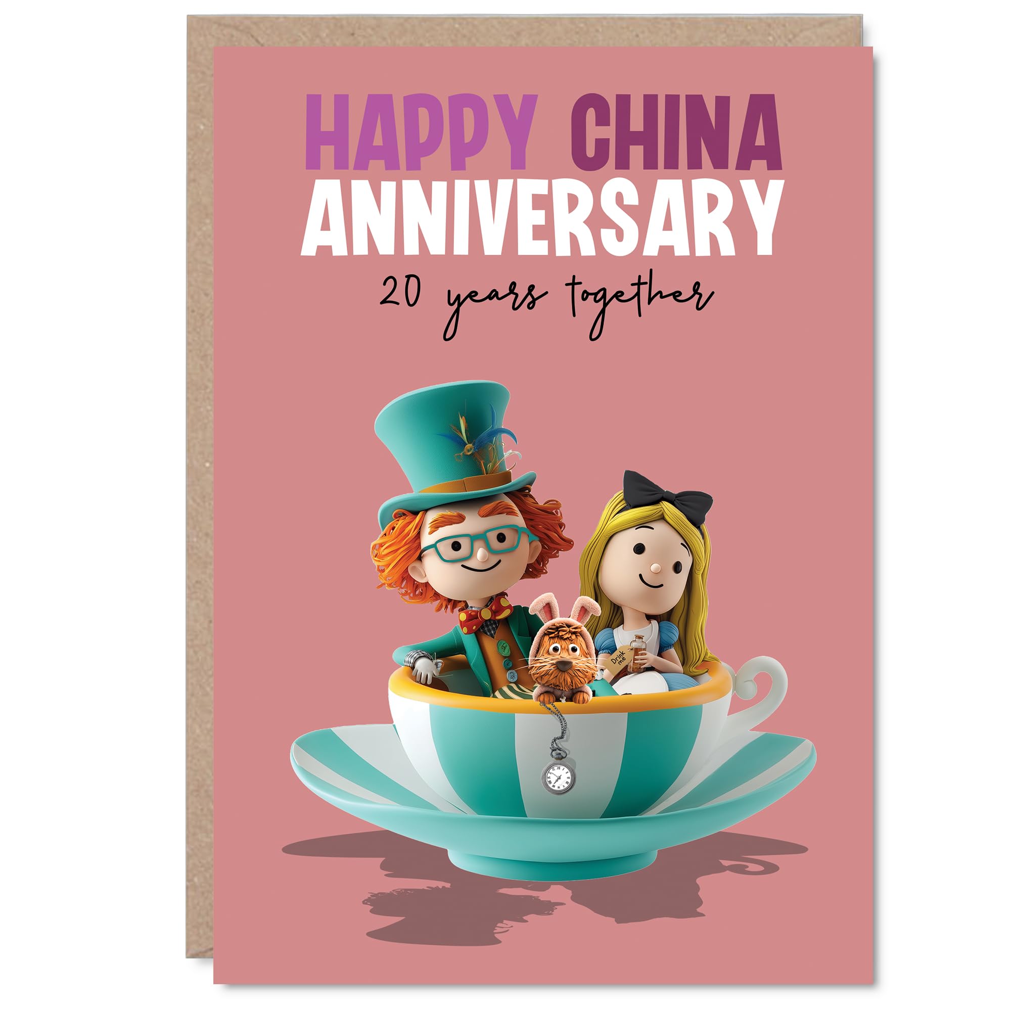 Playful 20th Anniversary Card - Cheers to 20 Years - Whimsical Tea Party Scene with Joyful Characters - Light-hearted Way to Mark Your China Anniversary - A5, Envelope Included