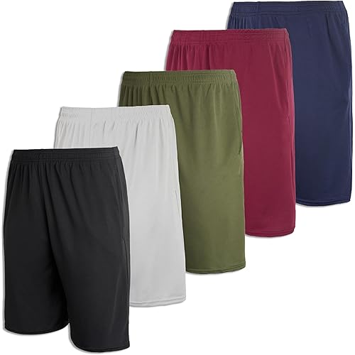 Real Essentials Boys' 5-Pack Mesh Active Athletic Performance Basketball Shorts with Pockets