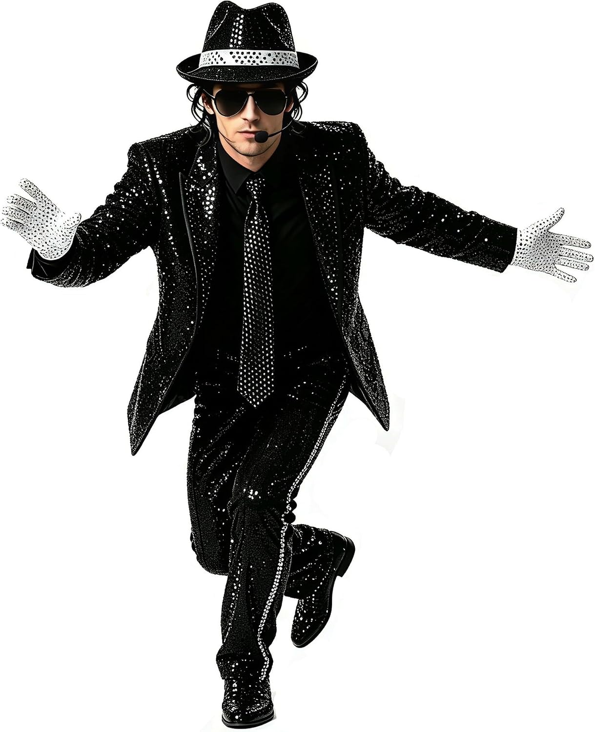70s 80s Disco Costume Set, Sequin Fedora Hat, Gloves, Tie, Leg Warmers, Sunglasses, Headset Prop, Unisex Adult
