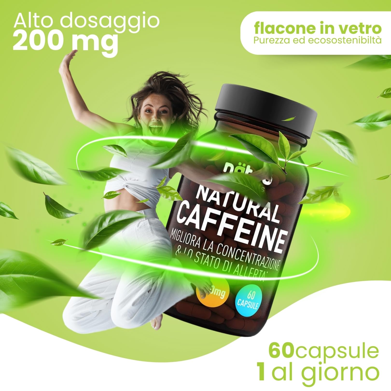 NÄTOO Caffeina 200mg, 60 Capsule Vegane, Caffeina Pura estratta da semi di caffe verde Coffea arabica, 1 Capsula 30 minuti prima del Workout, Adatto anche come integratore per studenti