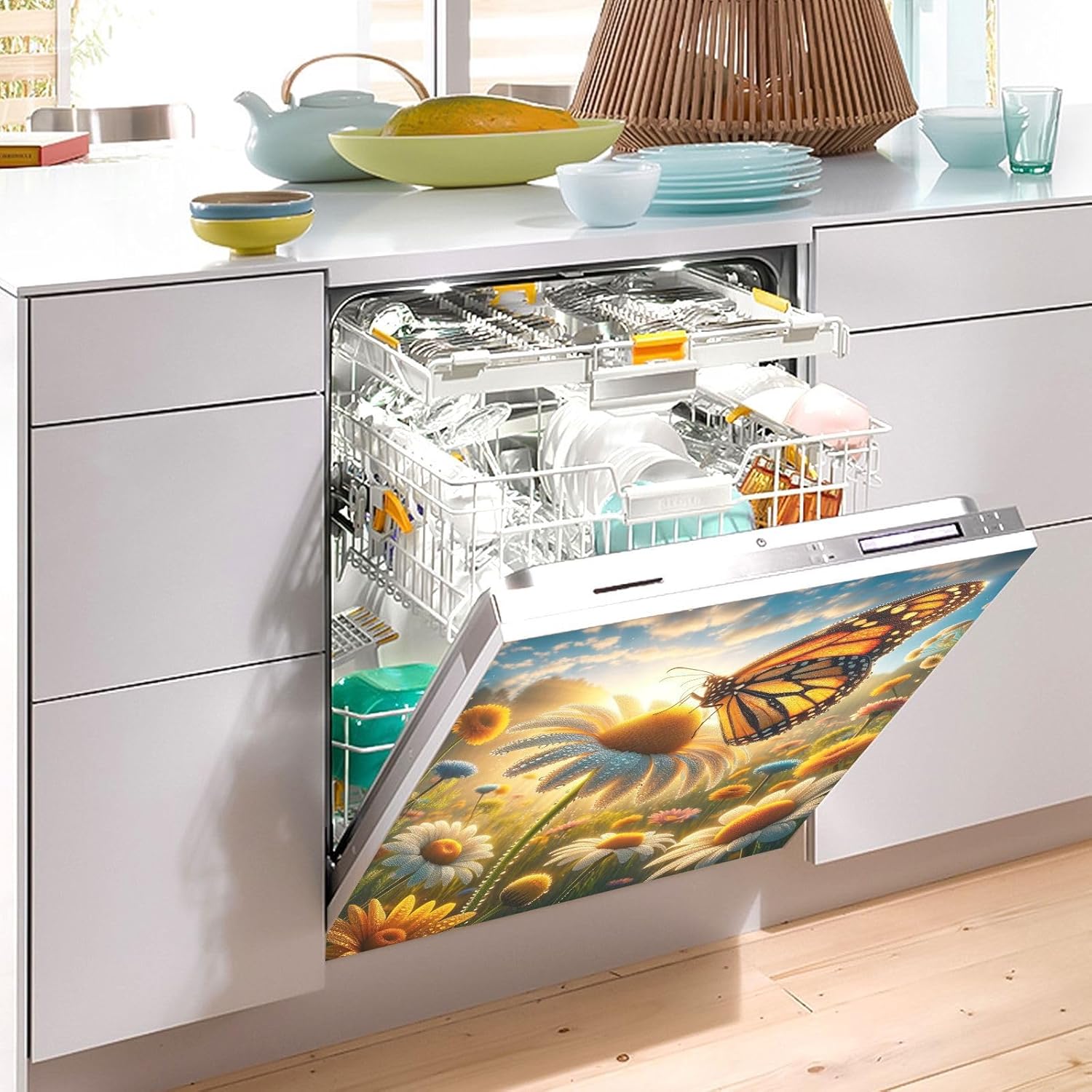 Exnundod Dishwasher Magnet Cover Summer Daisy Flowers Butterfly Magnetic Dishwasher Cover Magnets Decorative Cover Refrigerator Appliances Panel Sheets, 23x26inch