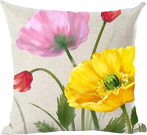 Ramirar Pintura al óleo de tinta acuarela rosa amarillo amapola flores de verano decorativa funda de almohada funda de almohada para el hogar, sala
