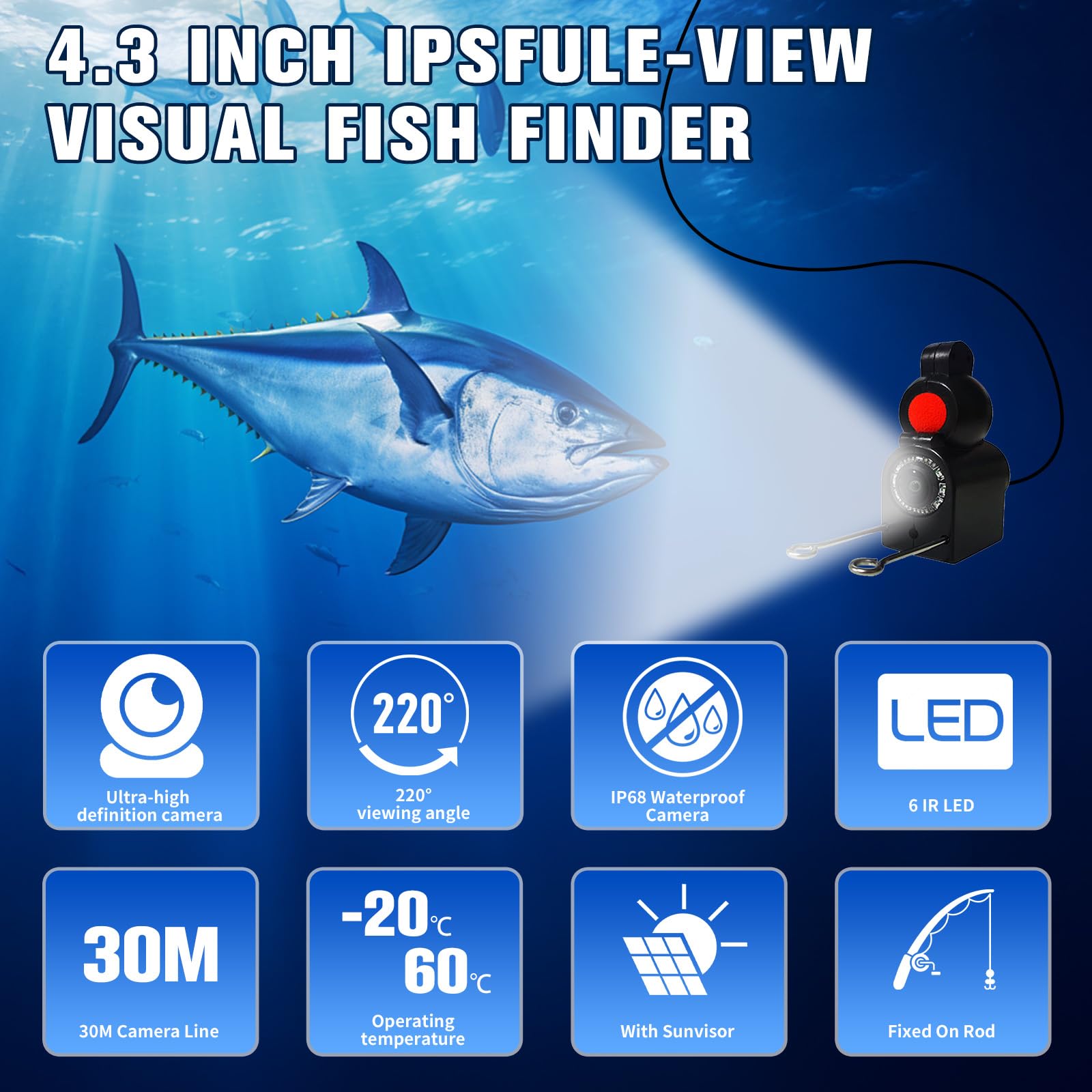 Fischfinder, Unterwasserkamera Angeln, Fish Finder Kamera IP68 Wasserdicht Unterwasser Kamera, 5000mAh Akku, 30m Kabel, 220° Weitwinkel Nachtsicht für Meeresangeln Fluss Angeln Eisfischen