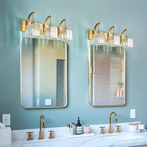 Miniatura 6 de Luces de tocador de cristal, 3 luces doradas para baño, modernas lámparas de cristal para baño, accesorios de iluminación de tocador sobre espejo,