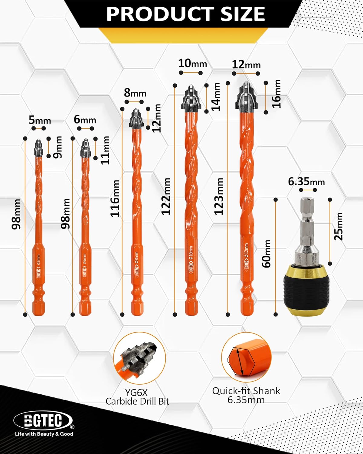 Four Blade Serrated Eccentric Masonry Drill Bit BGTEC - 5PCS 3/16" - 1/2" Carbide Concrete Drill Bits with 1PC Quick Release Bit Holder for Masonry/Brick/Concrete/Tile/Glass/Wood/Plastic/Marble