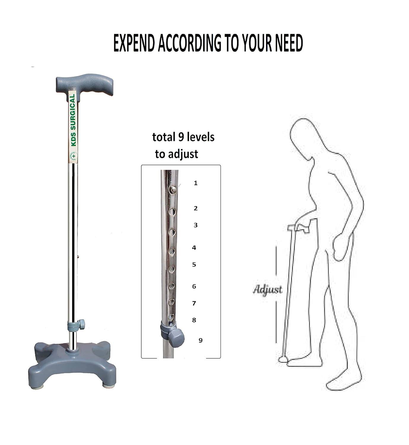 Kds Surgical Quad Cane 4 Leg PVC Quadripod Chrome Height Adjustable Men Women Old People Patient Walking Stick - Grey and Steel (38 inch) Kds Surgical Quad Cane 4 Leg PVC Quadripod Chrome Height Adjustable Men Women Old People Patient Walking Stick - Grey and Steel (38 inch)