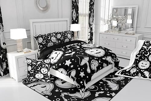 Miniatura 4 de Erosebridal Juego de funda de edredón de murciélagos de Halloween, diseño de hongos, calabaza, decoración de Halloween, luna, galaxia, estrellas,