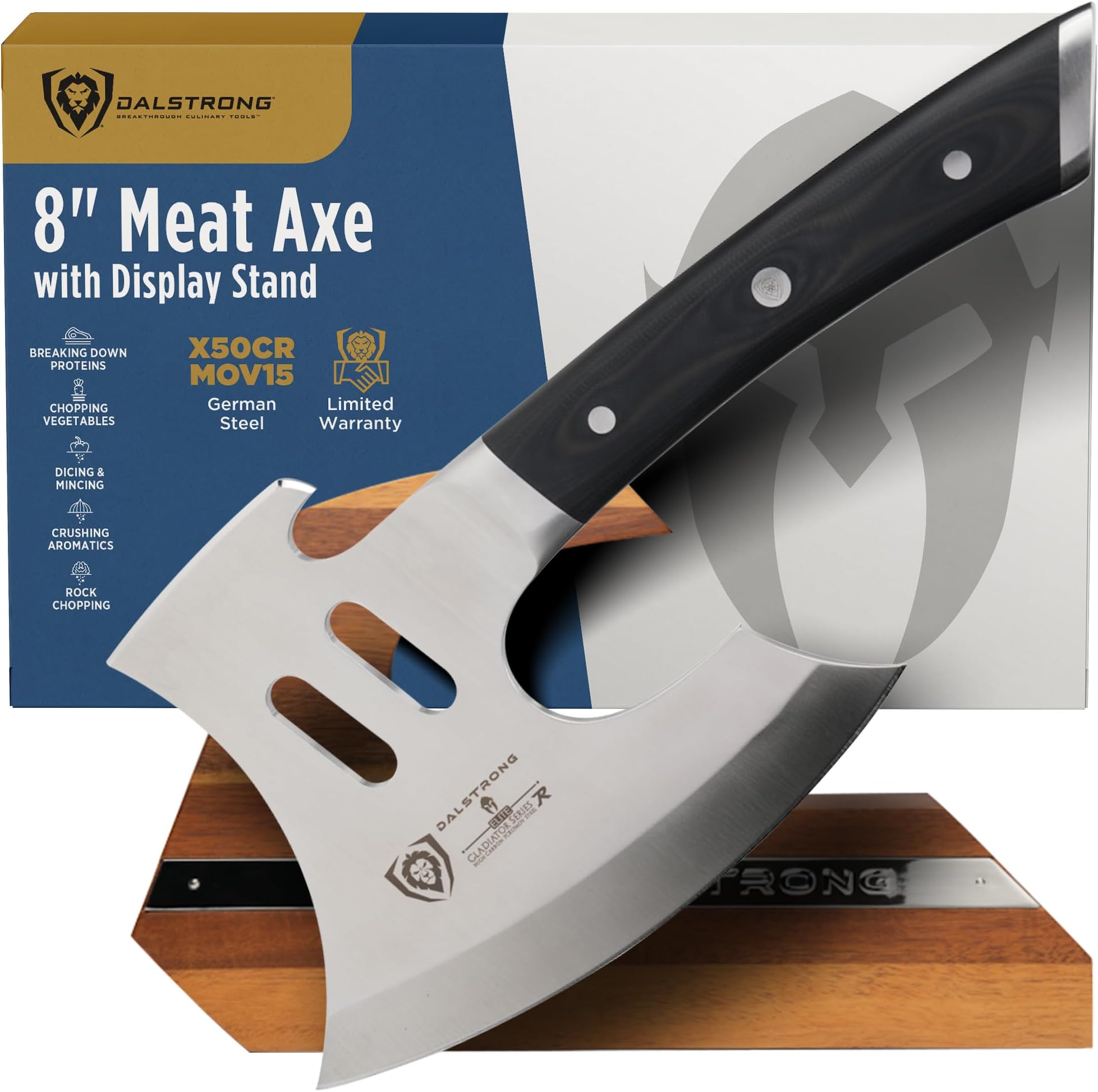 Dalstrong Meat Chopper Axe - 8 inch - Heavy-Duty Giftable Butcher Cleaver Knife - The Punisher - Gladiator Series Elite R - Black G10 Handle - Stand and Sheath