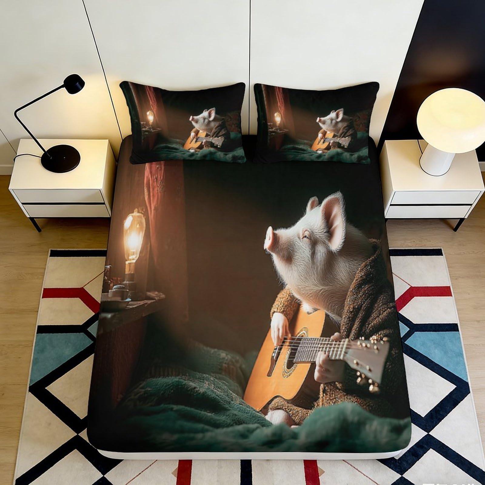 Jqzkxnhpbr Style-9 3D Printed Pig Playing Guitar Fitted Sheet Microfiber Soft Anti-Slip Bed Cover For Bedroom Guest Room Decor 90X200x25cm