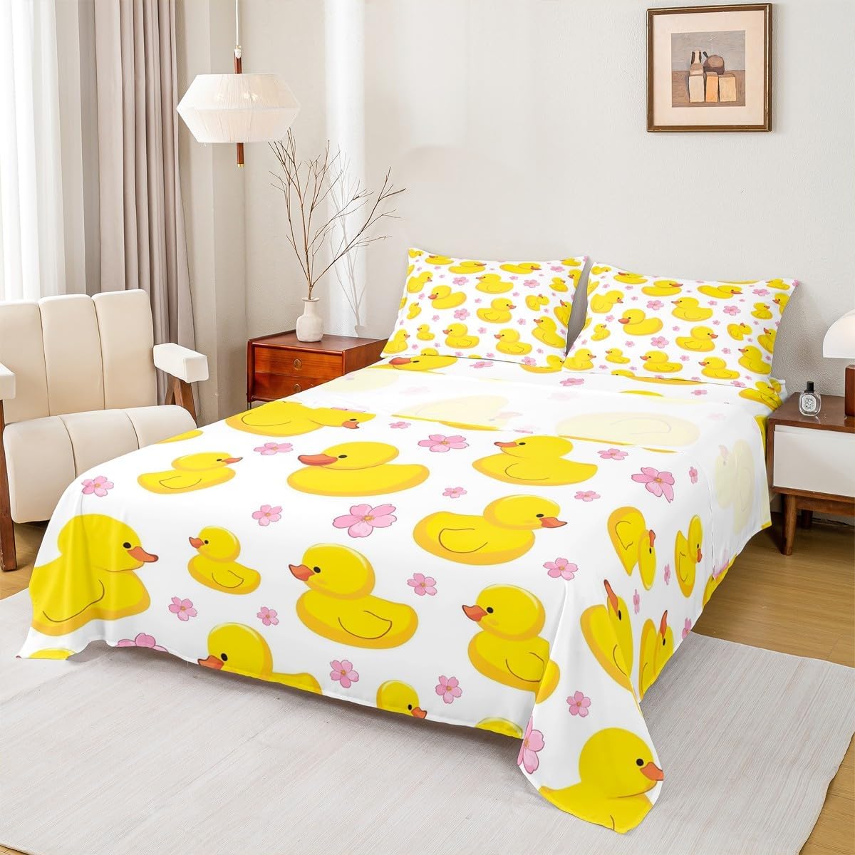 Erosebridal Cute Yellow Duck Full Bed Sheets Set,Kawaii Rubber Duck Bedding Set for Kids Girls Boys,Cartoon Animal Print Sheets,Gifts for Pet Lovers Funny Duck Fitted Sheet Set 4Pcs