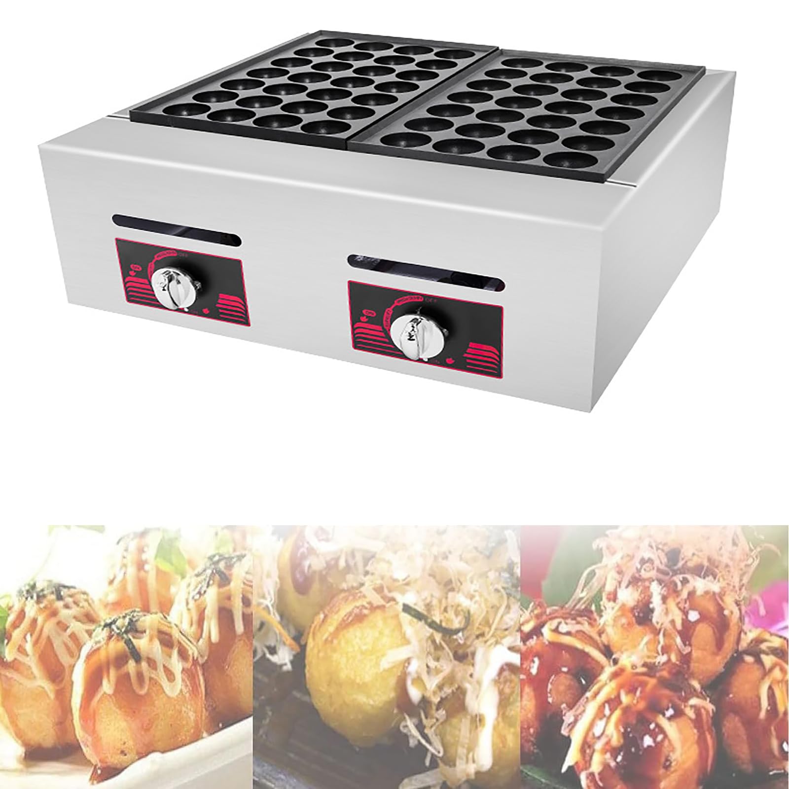 Máquina Bolas Pulpo, Máquina Comercial Takoyaki Acero Inoxidable 56 Agujeros, Revestimiento Antiadherente/Calentamiento Rápido/Ahorro Energía/Interruptor Giratorio, para Tienda Comida Rápida