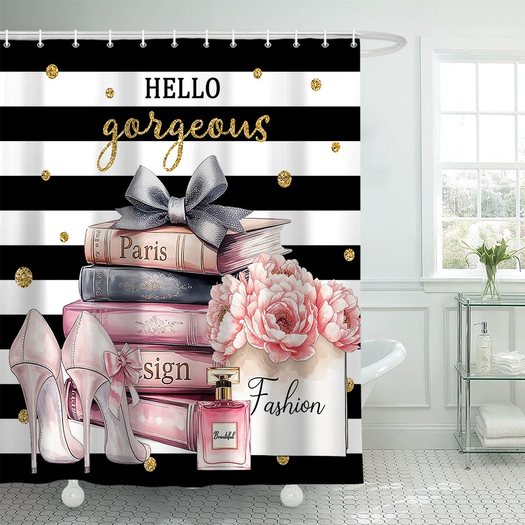 Black Pink Shower Curtain, Black White Striped Shower Curtain for Girl Women, Modern Fashion Flower Floral High Heels Magazine Books Bathroom Decor Curtains with 12Hooks 70X70IN