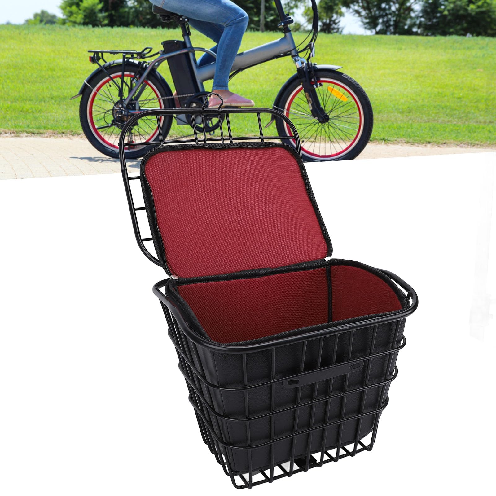 Cesta Delantera para Bicicleta Eléctrica con Tapa, Cestas para Scooter Eléctrico a Prueba de Polvo con Bolsa de Revestimiento Impermeable, Cesta de Metal para Bicicleta para