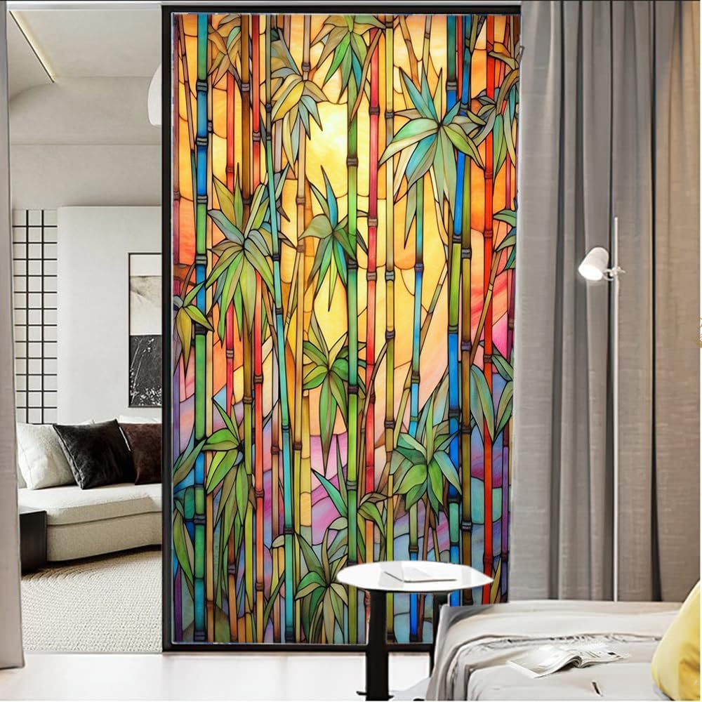 Farmhouse Bamboo Window Privacy Film Minimalist Nature Plants Landscape Stained Glass Window Film Sun Blocking Heat Control Decorative Window Covering Film for Home Office 35.4Wx63L inch