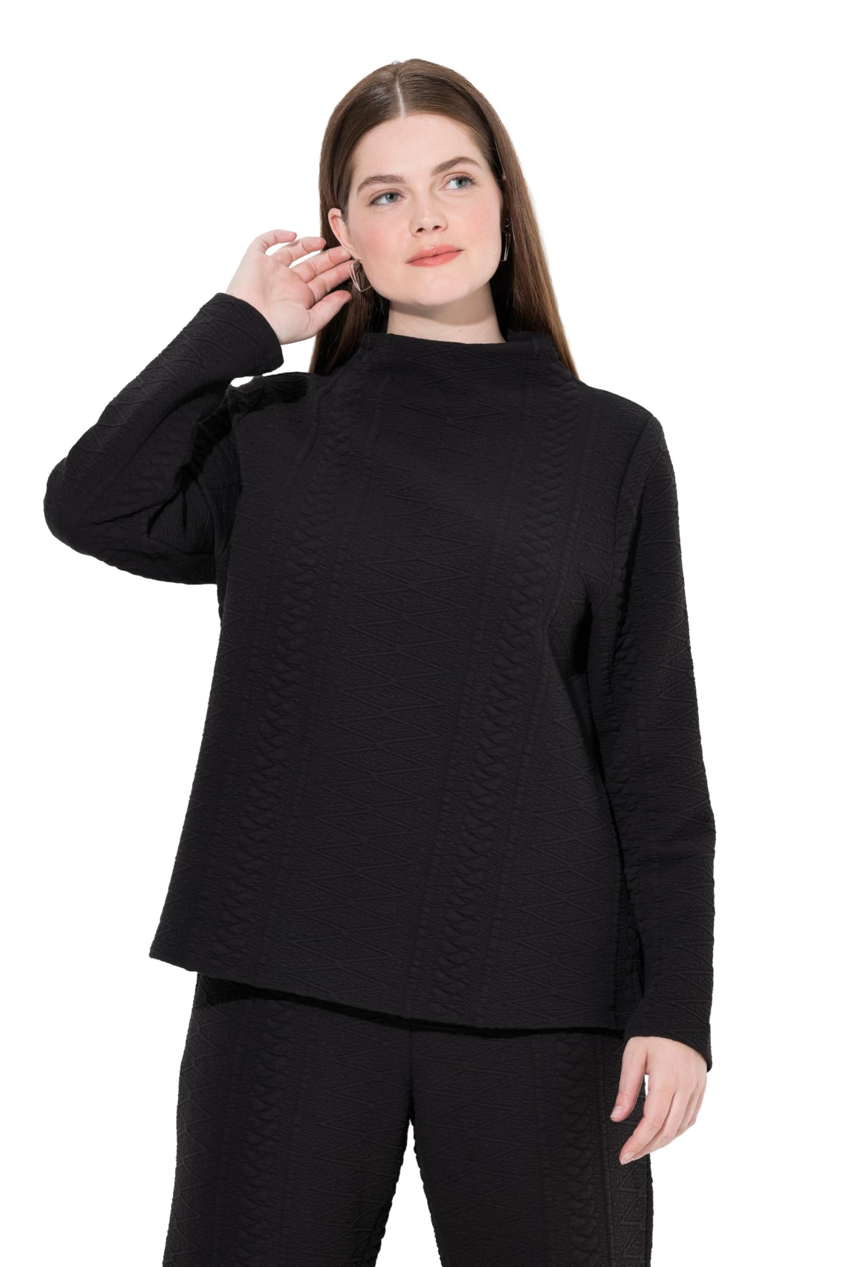 Ulla Popken Damen große Größen Übergrößen Plus Size Jacquard-Sweatshirt, Stehkragen, Langarm, Biobaumwolle 843341