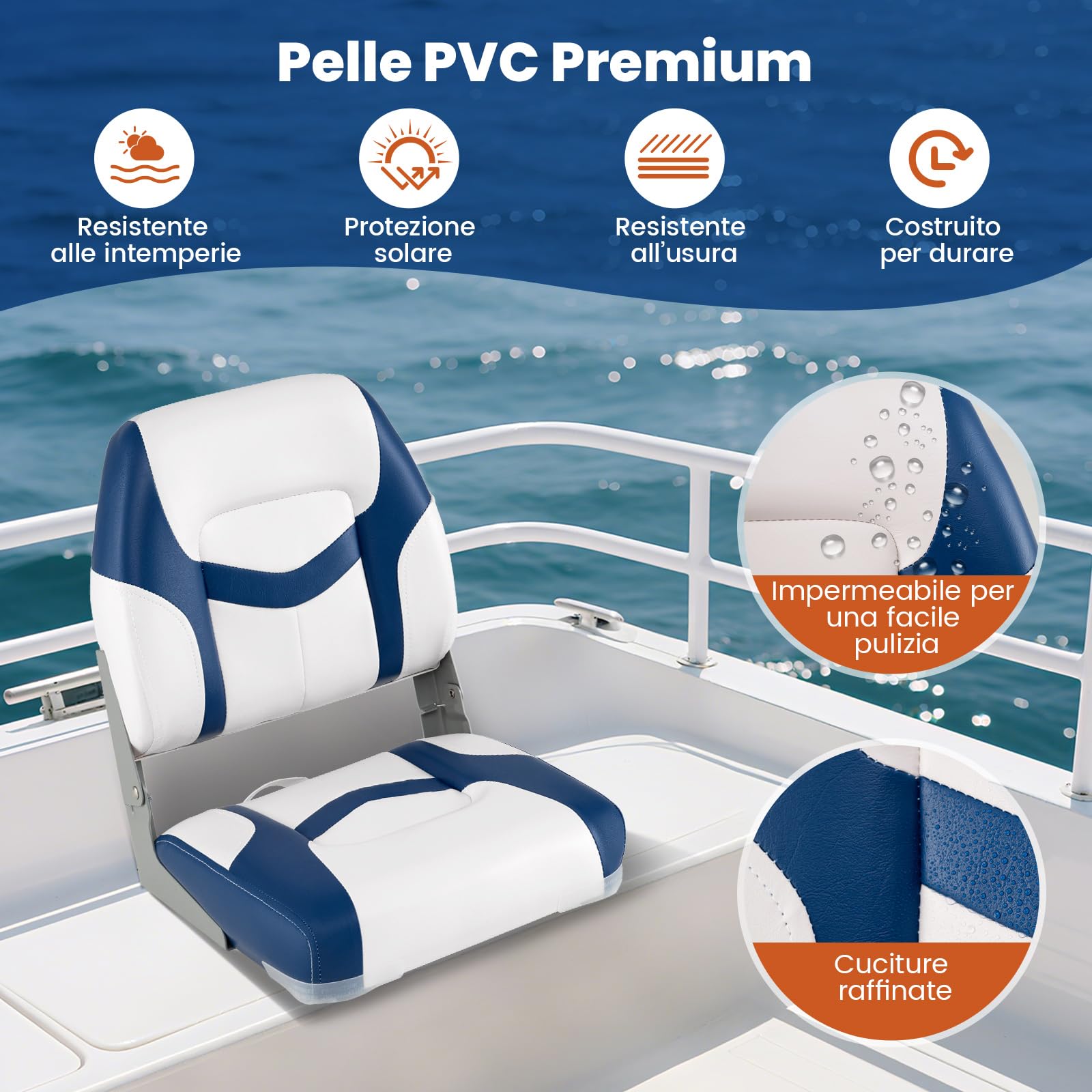 COSTWAY Set di 2 Sedie da Barca, Sedili Alti da Barca Pieghevole Morbide Imbottite Spesse, Sedile Nautica Ergonomico per Imbarcazioni da Pesca, 42 x 49 x 51 cm, Blu e Bianco