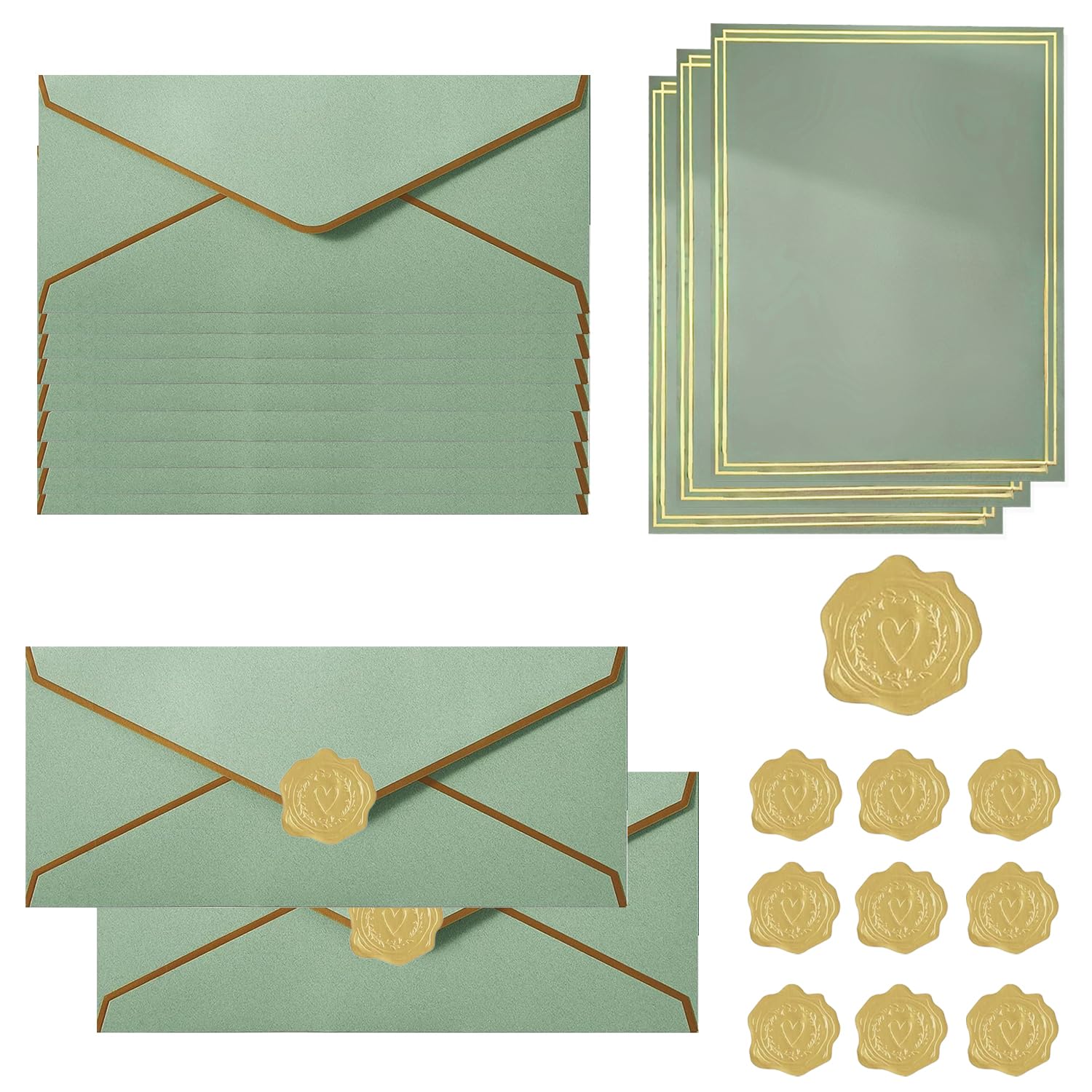 TIHNY 10PCS Invitation Envelopes with 12PCS Letter Paper, V-Flap Envelopes & Gold Stickers, Perfect for Business, Cards, Celebrations, Sage Green, 9.49 x 4.13 Inches — image 1