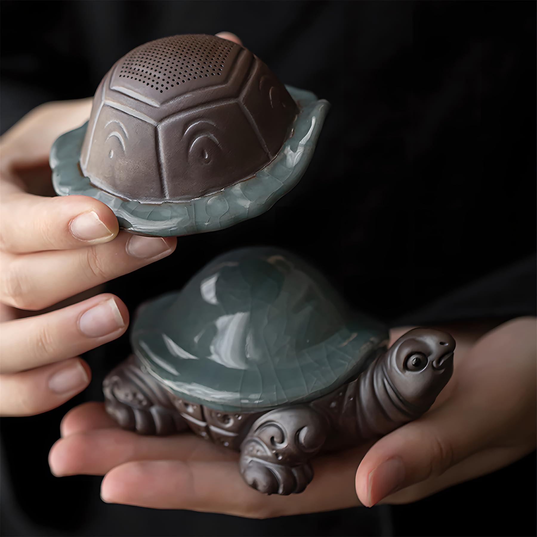 Hormsdar Ge Kiln Turtle Tea Pet: A Unique Porcelain Collectible with Turtle Shell Tea Strainer Included for Tea Tray Home Office Desk Feng Shui Decor Tea Lover's Gift