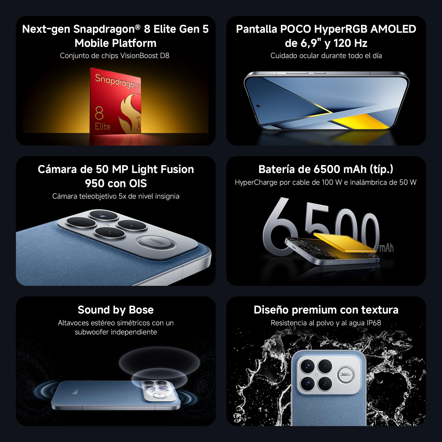 XIAOMI POCO F8 Ultra - Smartphone de 16+512GB, Pantalla AMOLED de 6,85” 120Hz, Snapdragon 8 Elite Gen 5, Carga Hypercharge 100W e inalámbrica 50W, Cargador no Incluido, Azul Denim (Versión ES)