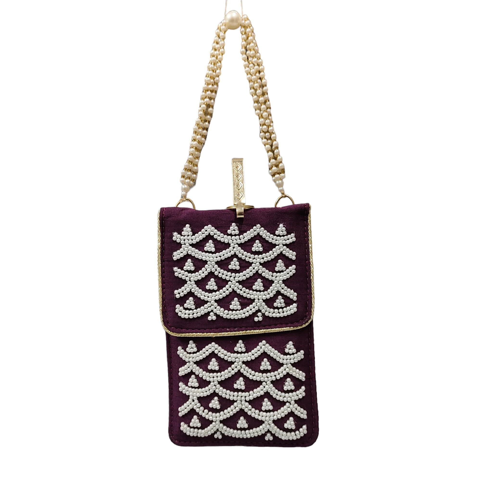 EK PAHECHAN Womens Raw Silk Pearl and Motif Beaded Designer Zipper Pocket Pearl Handle and Long Sling Chain Clutch Bag (PURPLE) (B0D2LH5419) Amazon Price History, Amazon Price Tracker