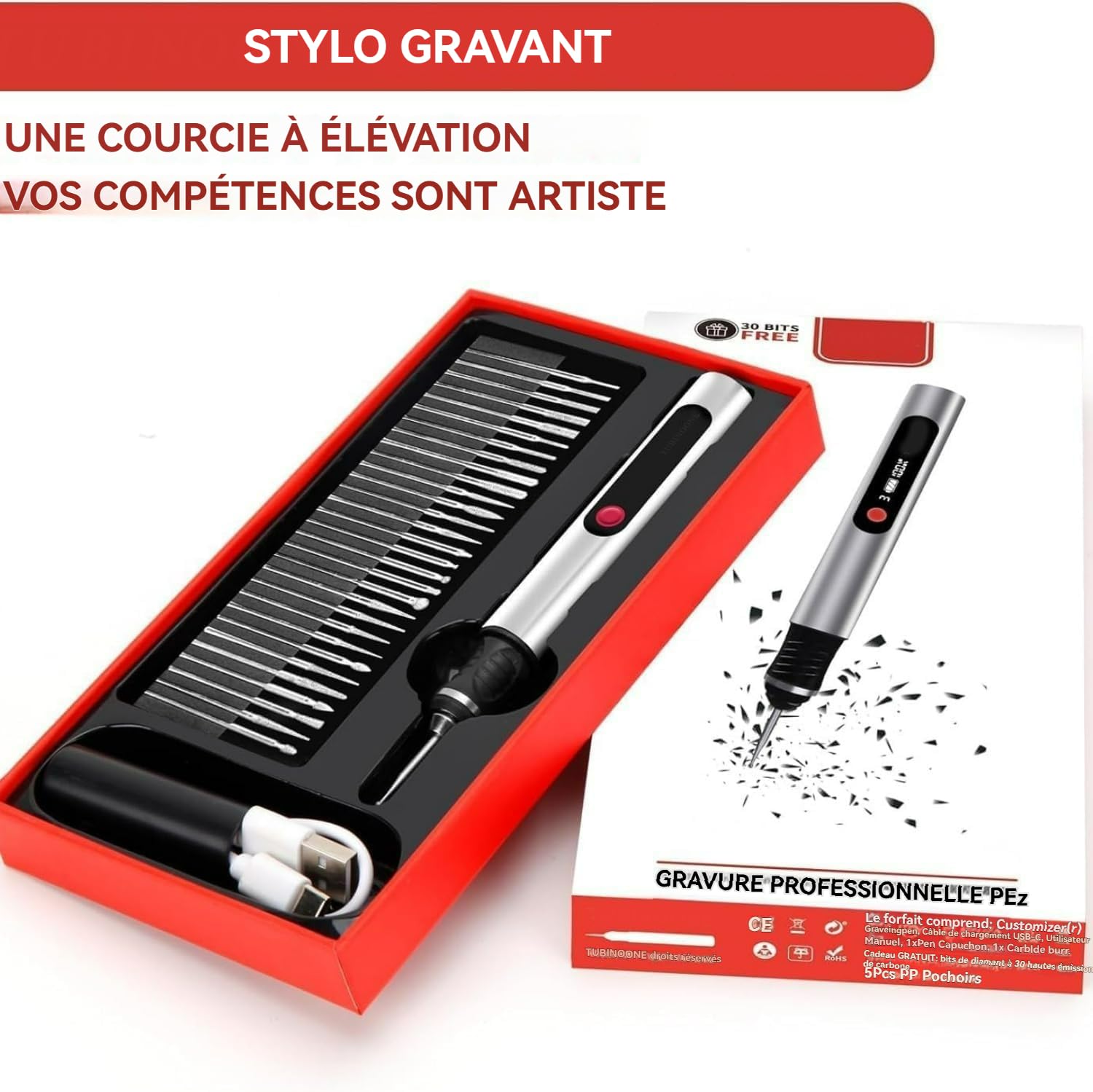 Gravion Pen, Stylo Graveur, Stylo Graveur Electrique, Machine de Gravure Rotative Portable, avec 30 Têtes Broyage Remplaçables, pour Joaillerie, Bois, Verre, Pierre, Gravure 60+ Surfaces (Argent)