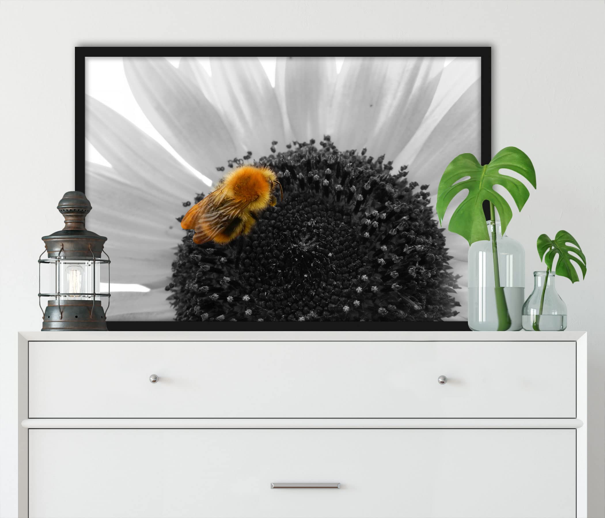 Graziosa ape su grande girasole, poster in cornice, formato: 80 x 60 cm, stampa artistica incorniciata
