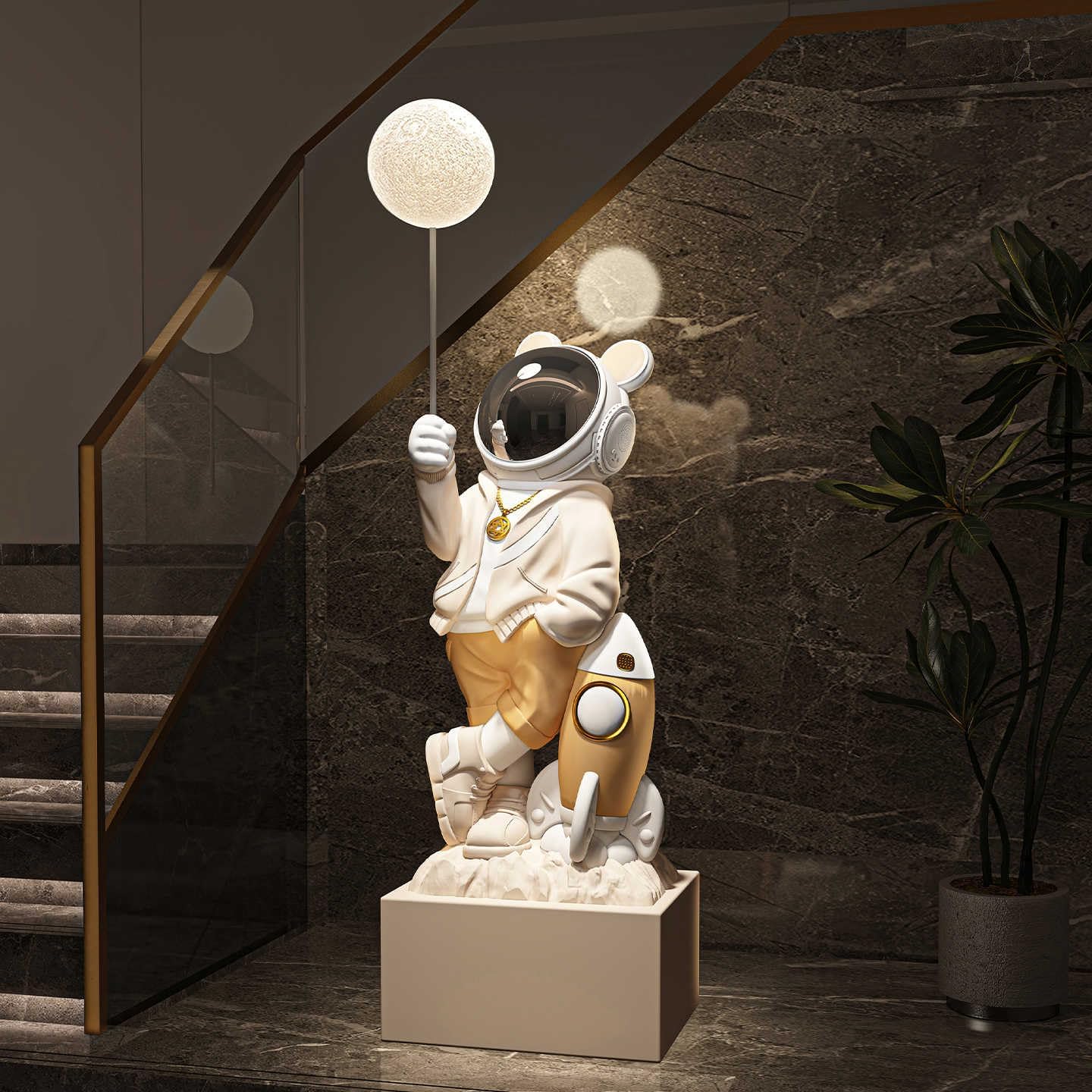 Luxury Life-Size Astronaut Floor Sculpture with LED Moon Lamp – Premium Space-Themed Art for Living Room & Housewarming Gift