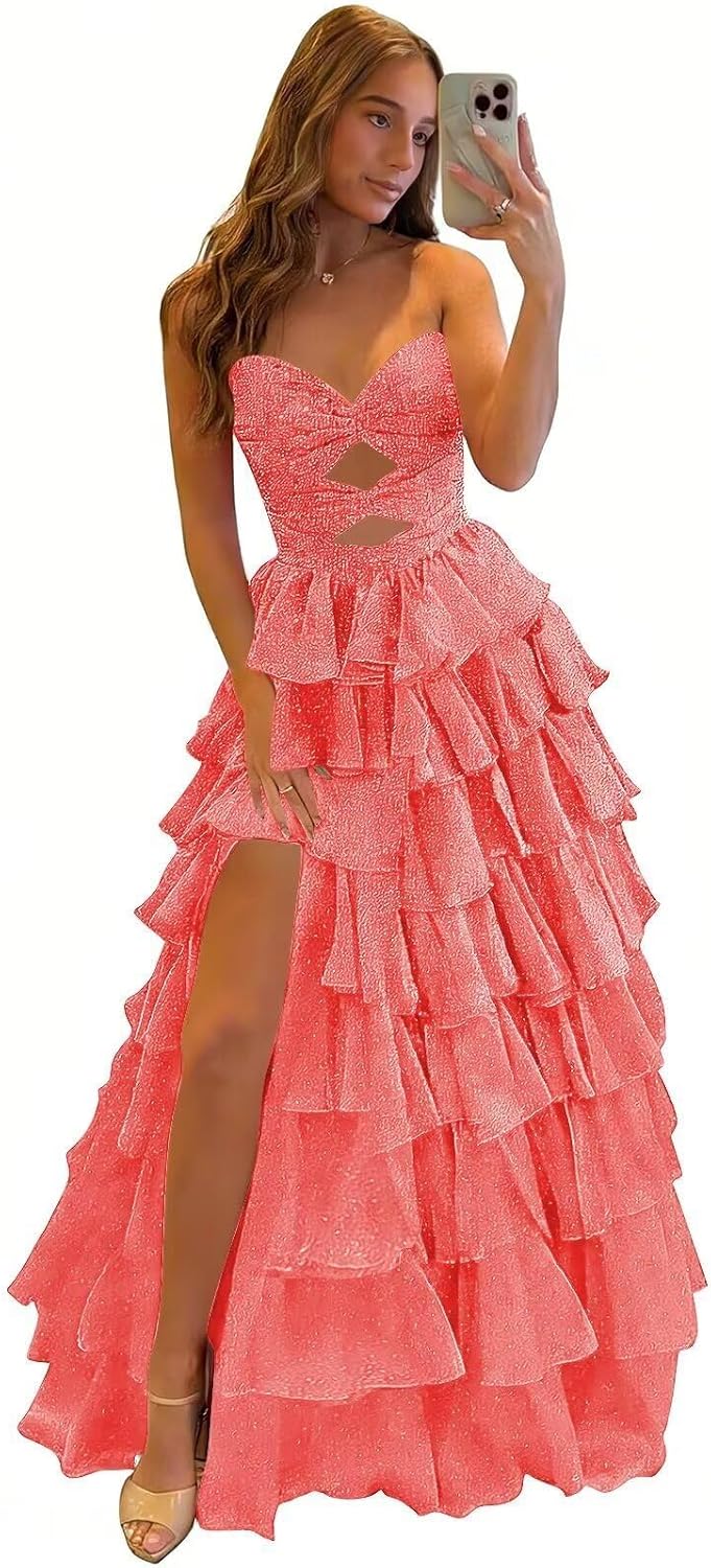 Strapless Corset Prom Dress 2026 Sparkly Sequin Tiered Ball Gown with Slit Glitter Princess Long A-Line Party Dress