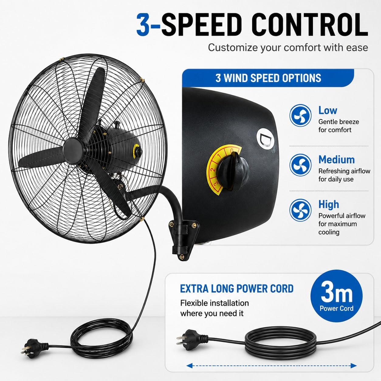 Ventilatore Industriale da Parete 55/70/80 cm, Oscillante, 3 Velocità, Nero | Grande, Motore in rame, metallica, cavo 3 m, per garage, officina, magazzino Palestra e Ristorante(70cm/27inch)