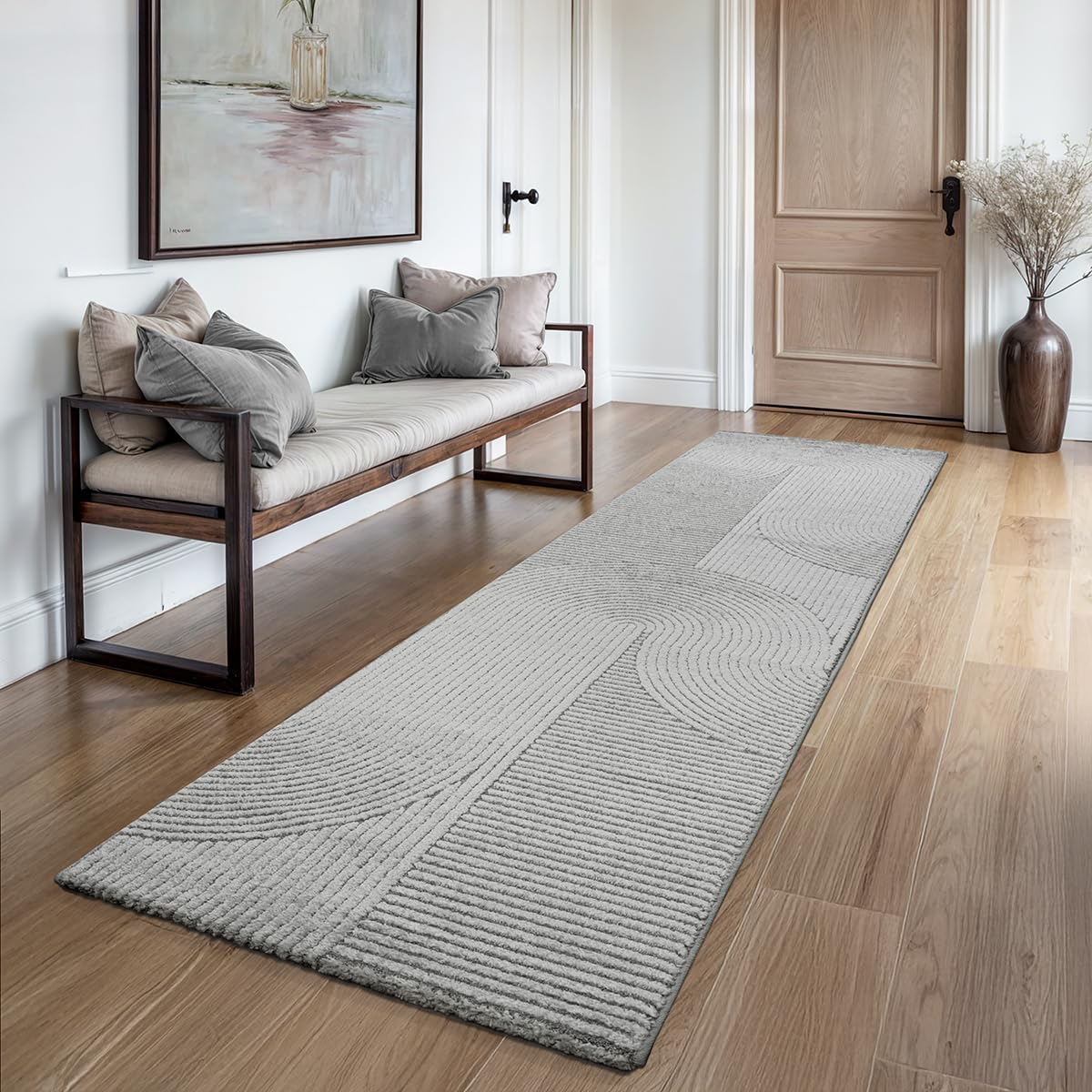 the carpet Everest Modern Short Pile Rug Living Room Bedroom with High-Low Effect, 3D Effect, High Pile Density and Pleasantly Soft, Panglao Design, Grey, 80 x 300 cm