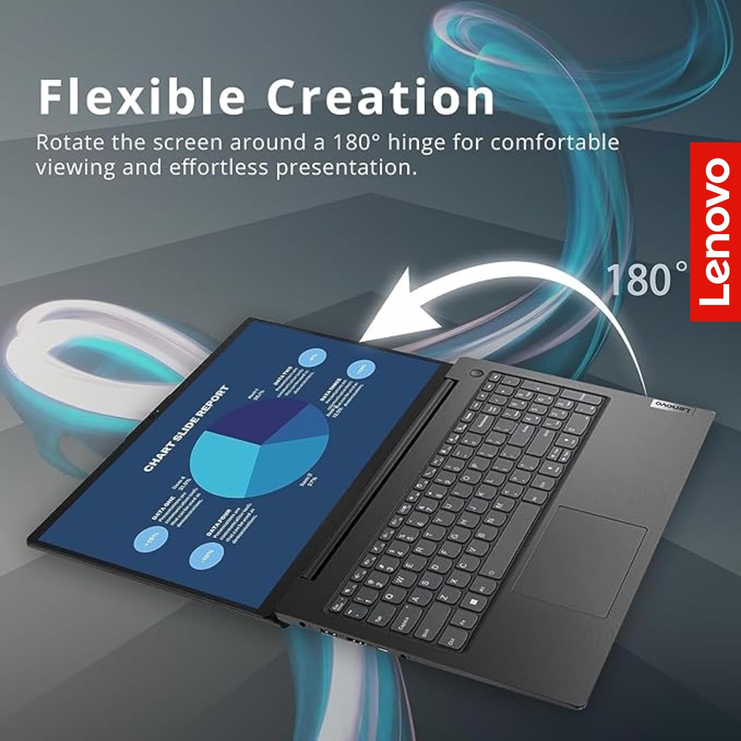 Lenovo V15 Pro laptop with its screen rotated 180 degrees, showing a chart slide report, demonstrating its flexible creation capability.