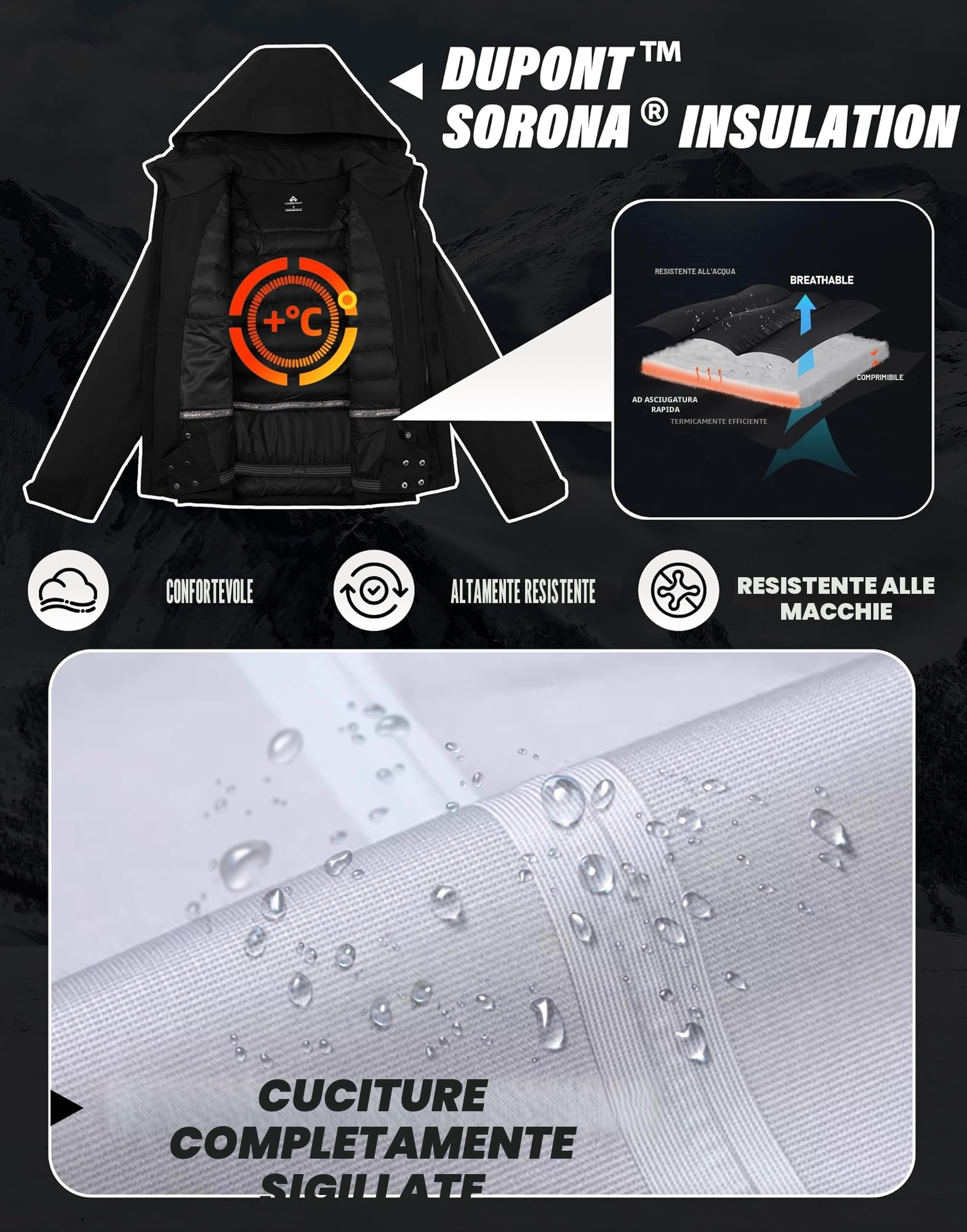 Giacca da sci da uomo, impermeabile, calda, traspirante, da snowboard, con cappuccio