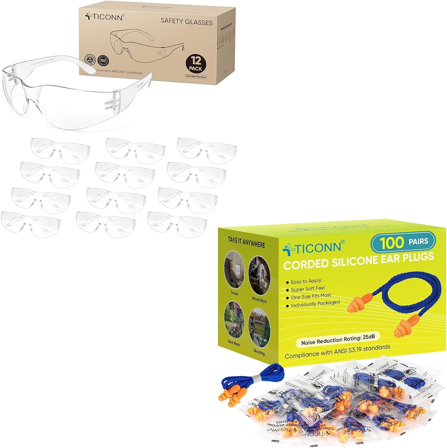 TICONN 12Pack Clear Safety Glasses for Men + 100 Pairs Reusable Silicone Ear Plugs