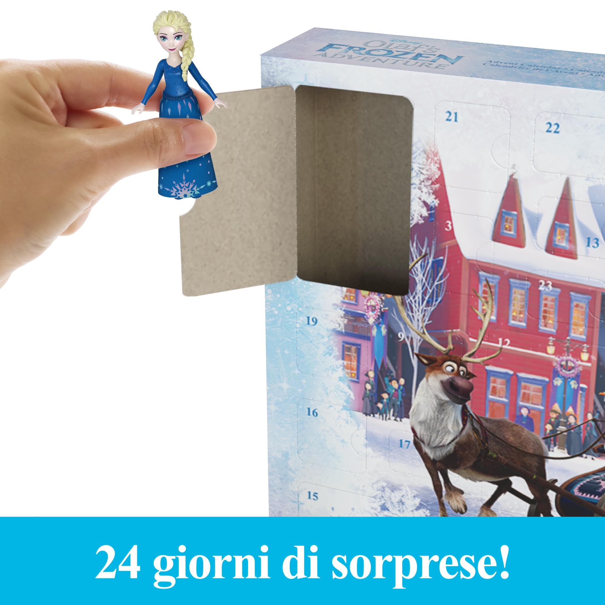 Mattel Disney Frozen - Calendario dell'Avvento, include 2 mini bambole Anna ed Elsa, 2 personaggi amici, sabbia modellabile e 24 sorprese per le feste, giocattolo per bambini, 3+ anni, HWX20