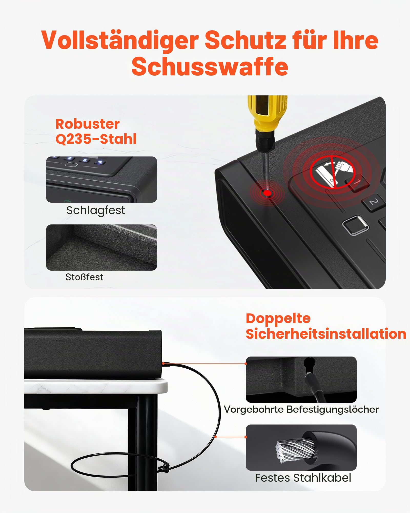 VEVOR Waffentresor Pistolentresor mit Fingerabdruck/Passwort/Schlüssel & 3-Wege-Schnellzugriffsschublade, Pistolensafe mit Bildschirm für 2 Pistolen und Magazine, kabelloses Laden, Schwarz