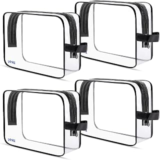 VYRL 4 Pack Clear Makeup Bag - Quart Size 3-1-1 TSA Approved Toiletry Bag with Zipper - Water-Resistant Durable PVC Clear Toiletry Bag for Carry-on Airport Travel Accessories